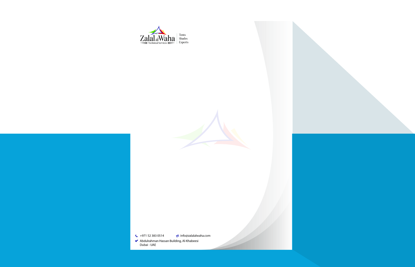 Letterhead for Zalal Al Waha Technical Services Tents. Shades, Experts in United Arab Emirates